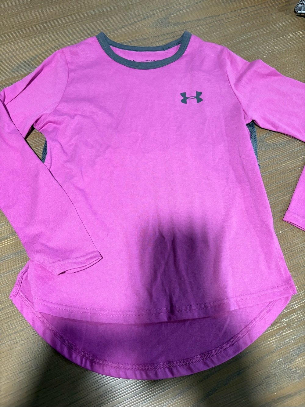 Under Armour Pink Long-Sleeve Girls' Athletic Tee with Gray Trim